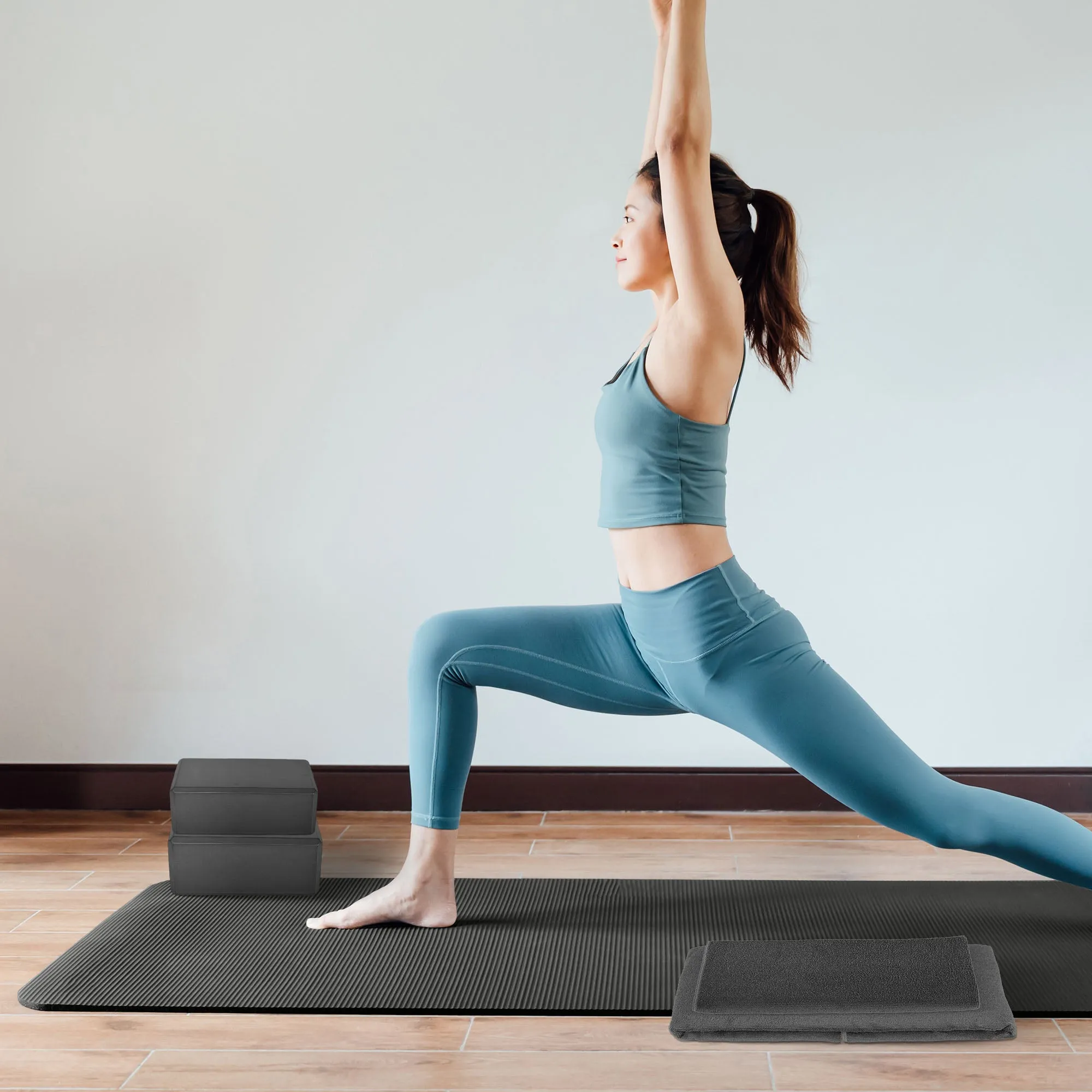 BalanceFrom Fitness 7Pc Yoga Set with Mat, Stretch Strap, & Knee Pad, Gray(Used)