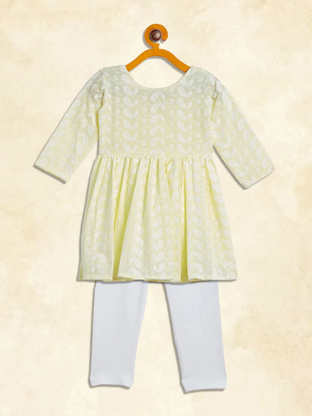 Jashvi SISHU Girl's Yellow And White Chikankari Kurta Leggings Set