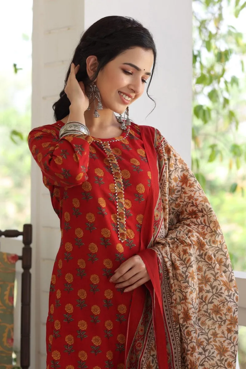 Maroon Brown Printed Kurta with Trousers Dupatta