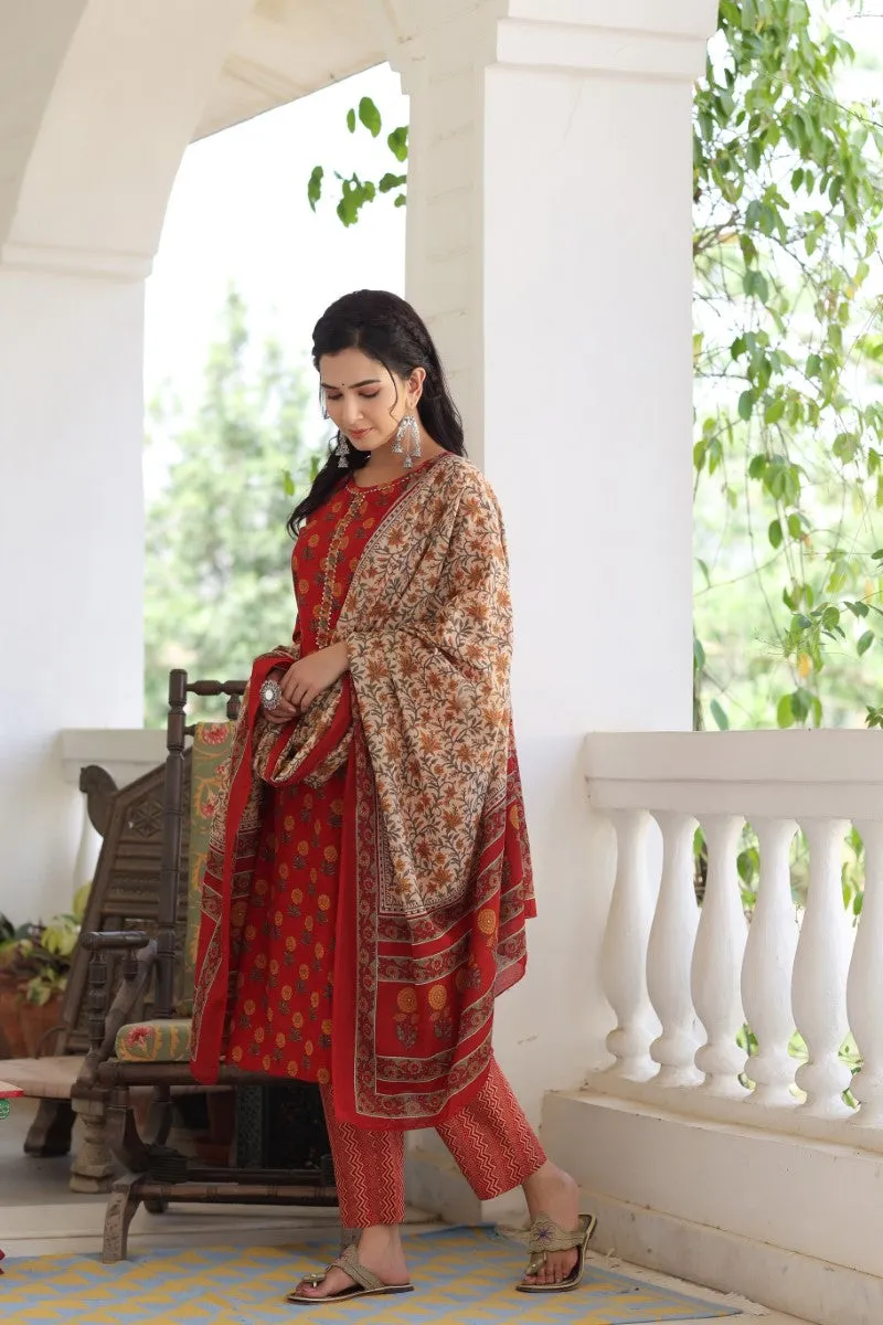 Maroon Brown Printed Kurta with Trousers Dupatta