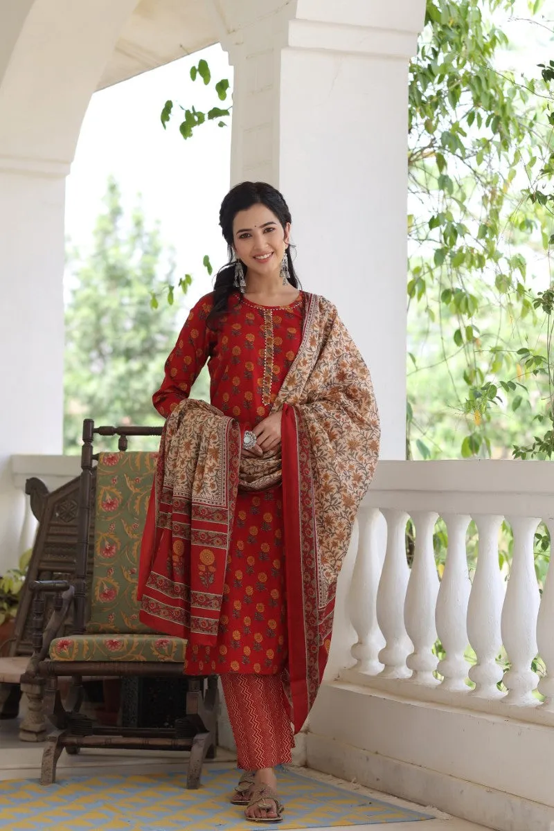 Maroon Brown Printed Kurta with Trousers Dupatta